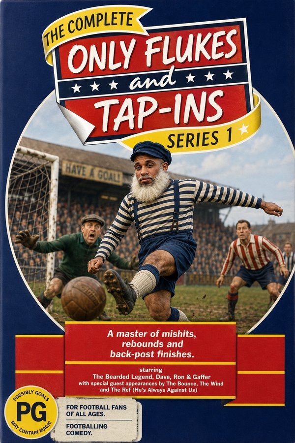Spoof DVD cover: The Complete Only Flukes and Tap-Ins, Series 1 - A master of mishits, rebounds and back-post finishes.